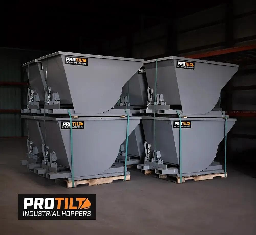 A stack of ProTilt Industrial Hoppers built by DH Machine, ready to ship to customers.